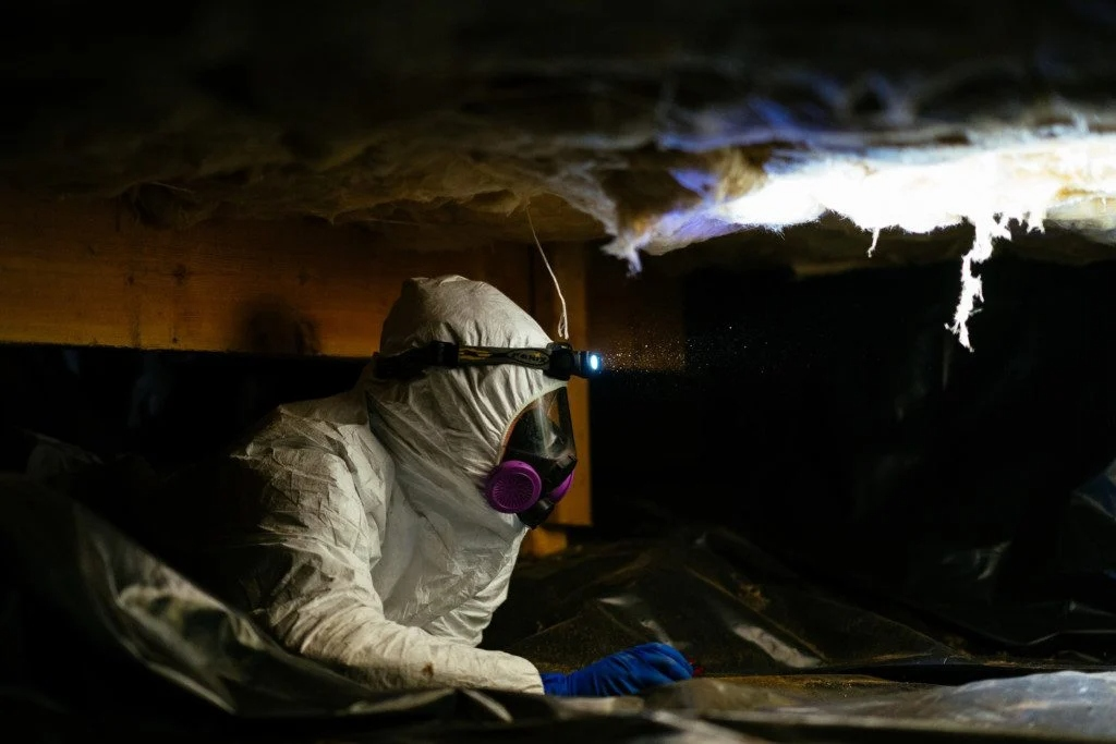 Mold Safe Solutions remediation technician in a protective suit and full-face respirator in a San Diego crawlspace